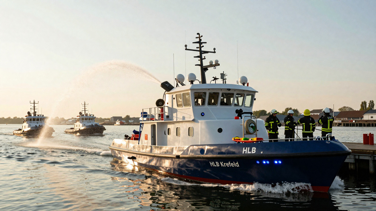 Barco de salvamento com tripulação em exercícios de segurança na água ao pôr do sol, próximo ao cais.
