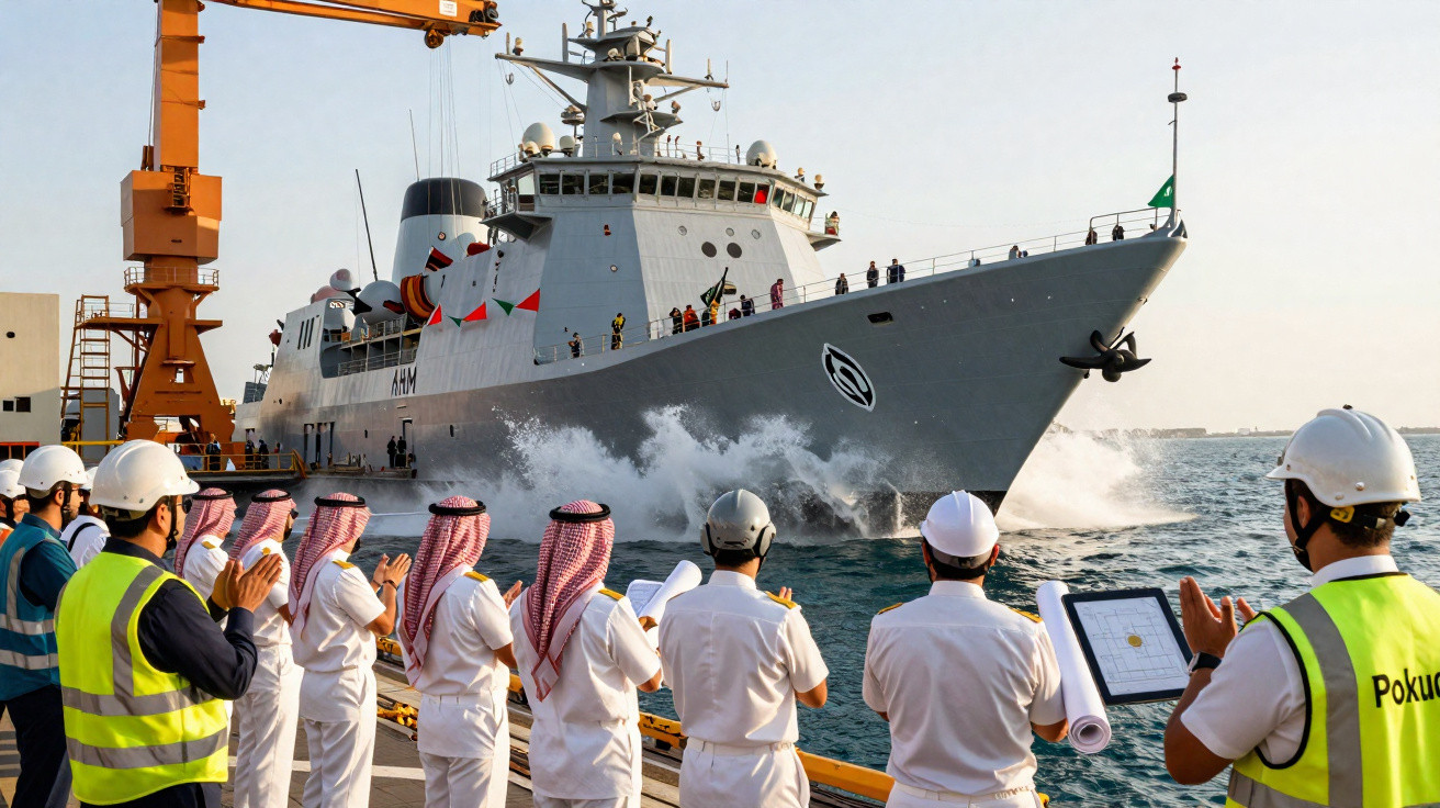 Marinha saudita e trabalhadores em capacetes a aplaudir navio militar a zarpar do porto ao amanhecer.