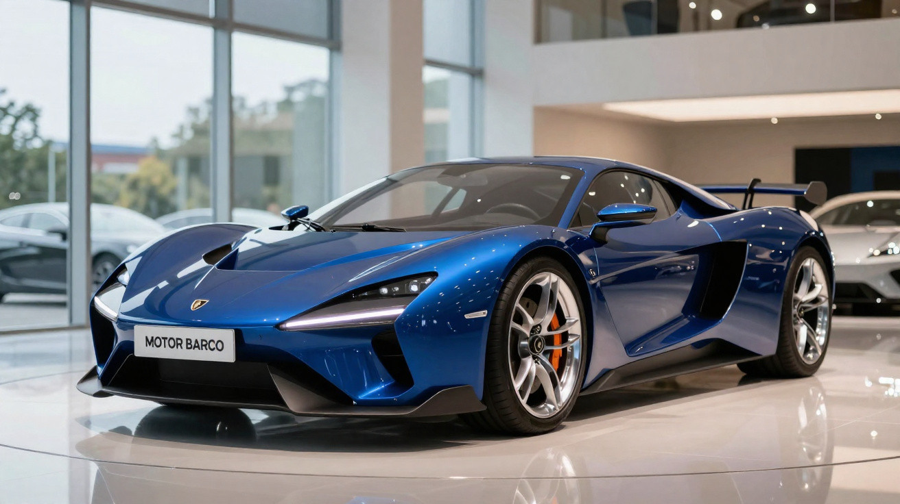 Carro desportivo azul metálico com design aerodinâmico em exposição numa sala moderna.