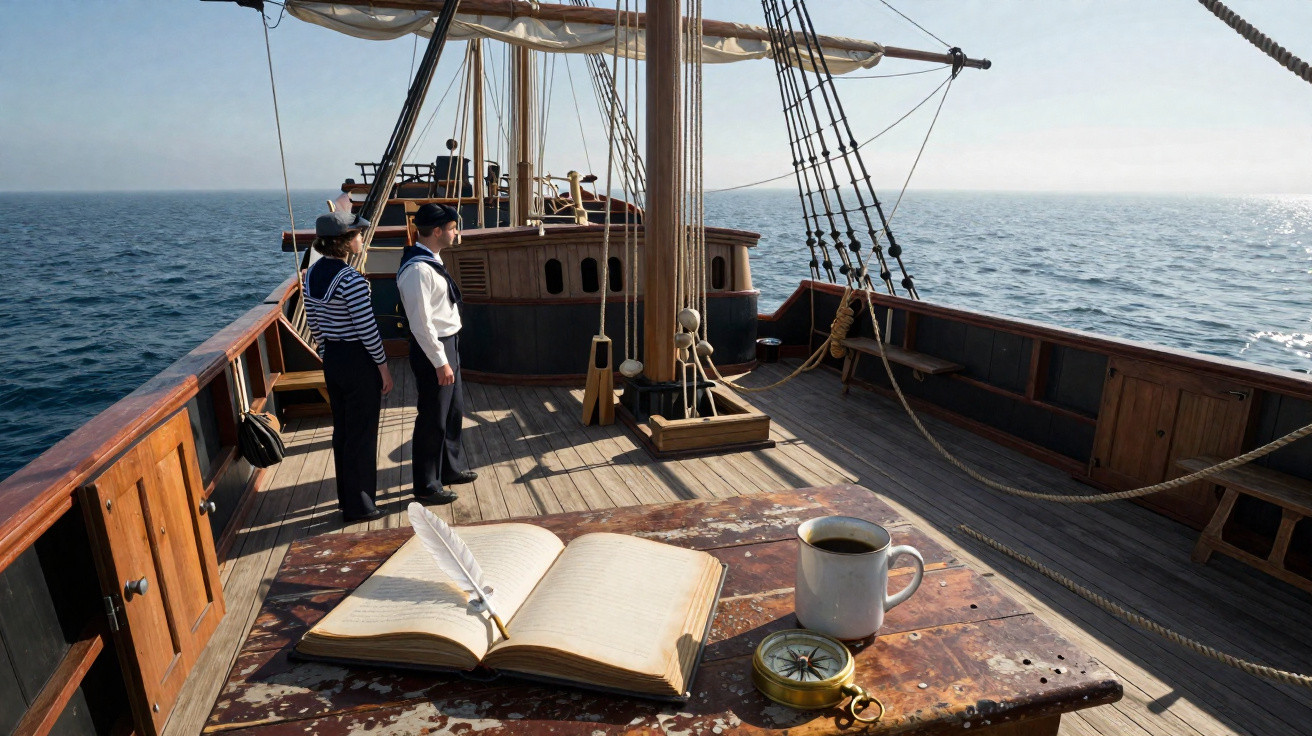 Convés de madeira de navio antigo com livro aberto, bússola, caneca e duas pessoas olhando para o mar.