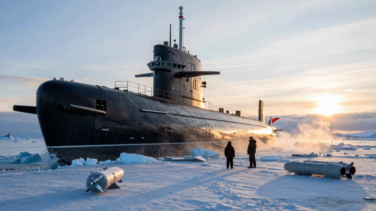 Submarino negro estacionado em gelo com duas pessoas e torpedos ao pôr do sol.