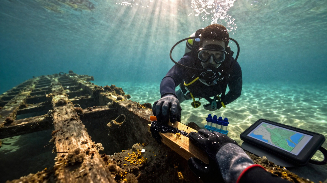 Mergulhador em equipamento completo recolhe amostras junto a um naufrágio submerso iluminado pelo sol.