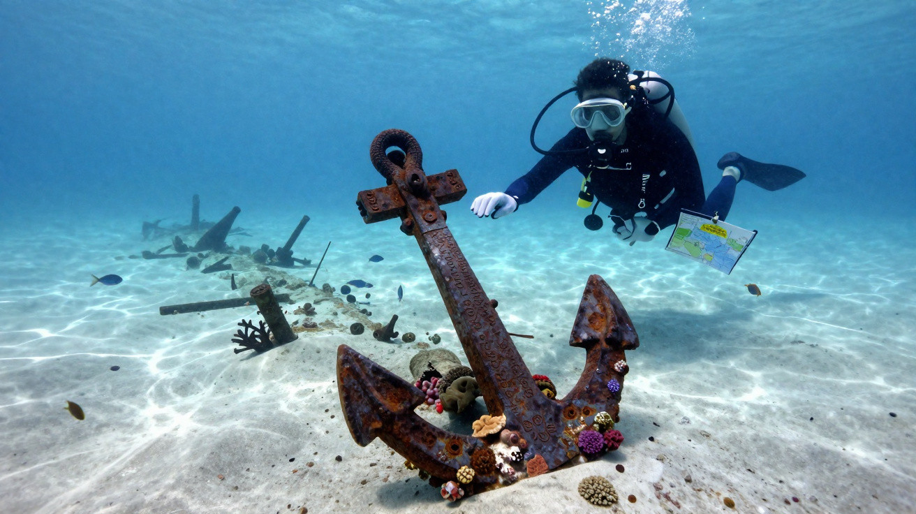 Mergulhador explora fundo marinho com âncora enferrujada e restos de navio cobertos por corais.