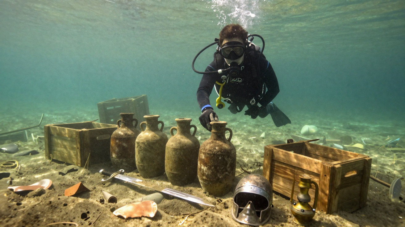 Mergulhador a explorar artefactos arqueológicos subaquáticos, incluindo ânforas antigas e capacete romano.