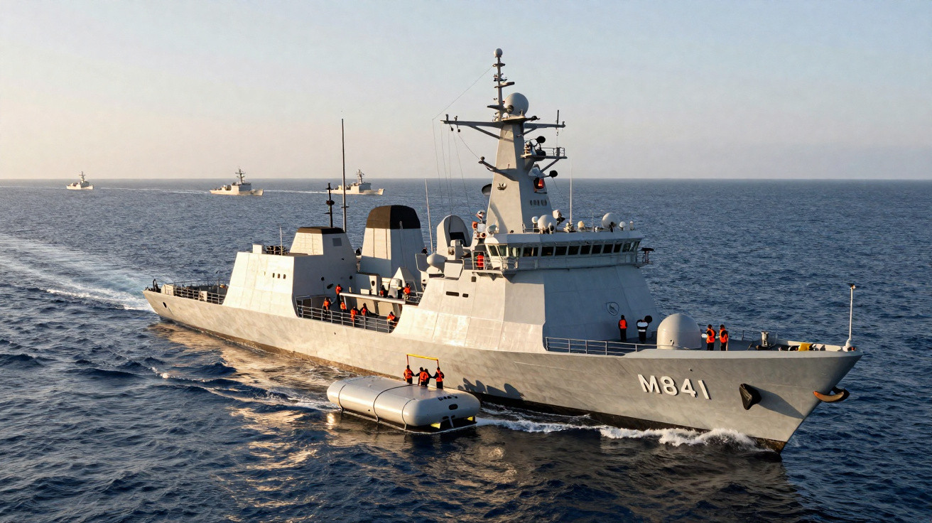 Navio militar cinzento com código M841 acompanhado por embarcação pequena no mar calmo, com outros navios ao fundo.