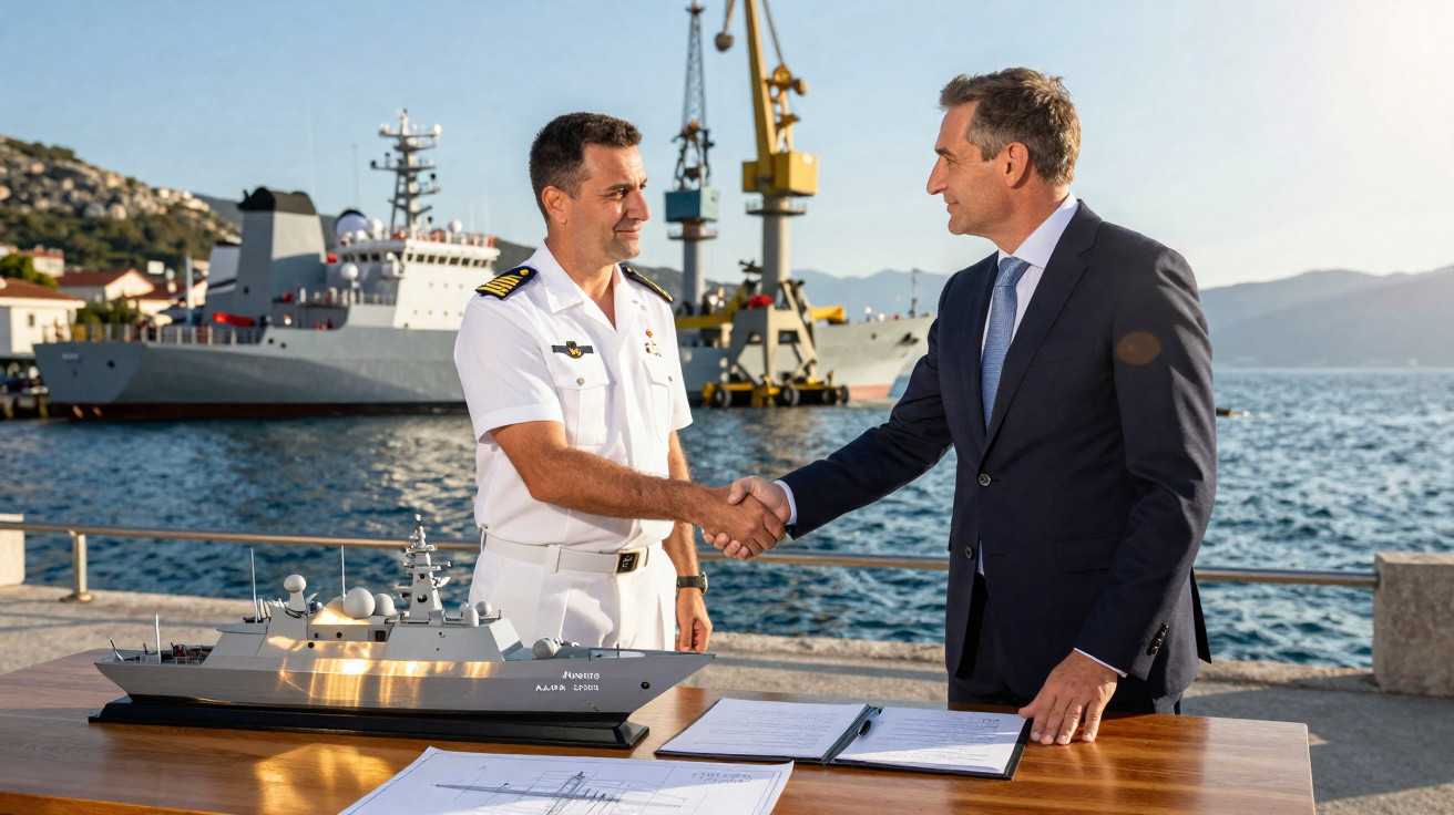 Dois homens apertam as mãos junto a uma maquete de navio e documentos, com mar e navios ao fundo.