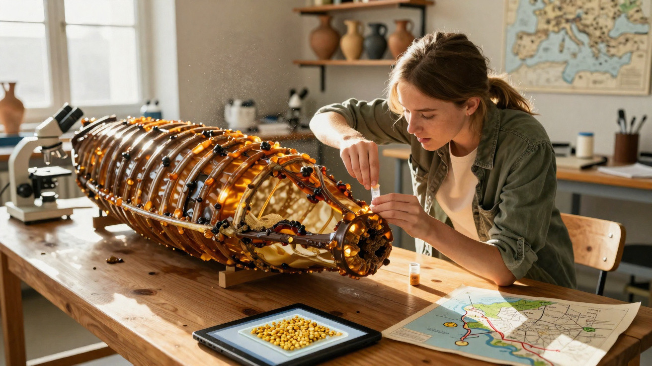 Mulher a trabalhar num artefacto arqueológico em ambiente de laboratório ou museu com mapas e tablet.