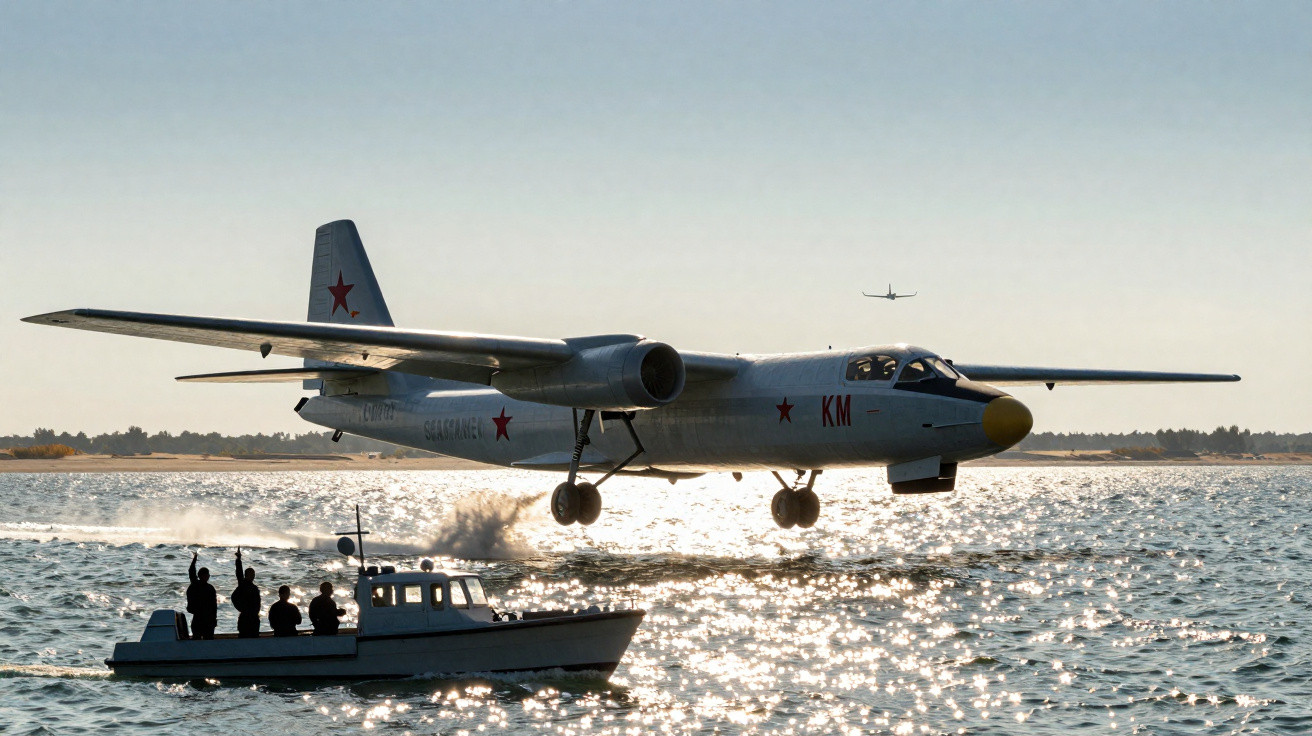 Avião militar russo em voo baixo sobre água com barco e pessoas a acenar na superfície brilhante.