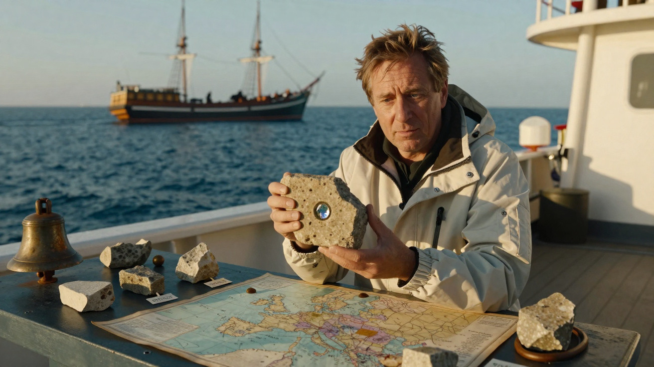 Homem numa embarcação com fragmentos de rocha e um mapa naval, com um navio antigo ao fundo no mar.