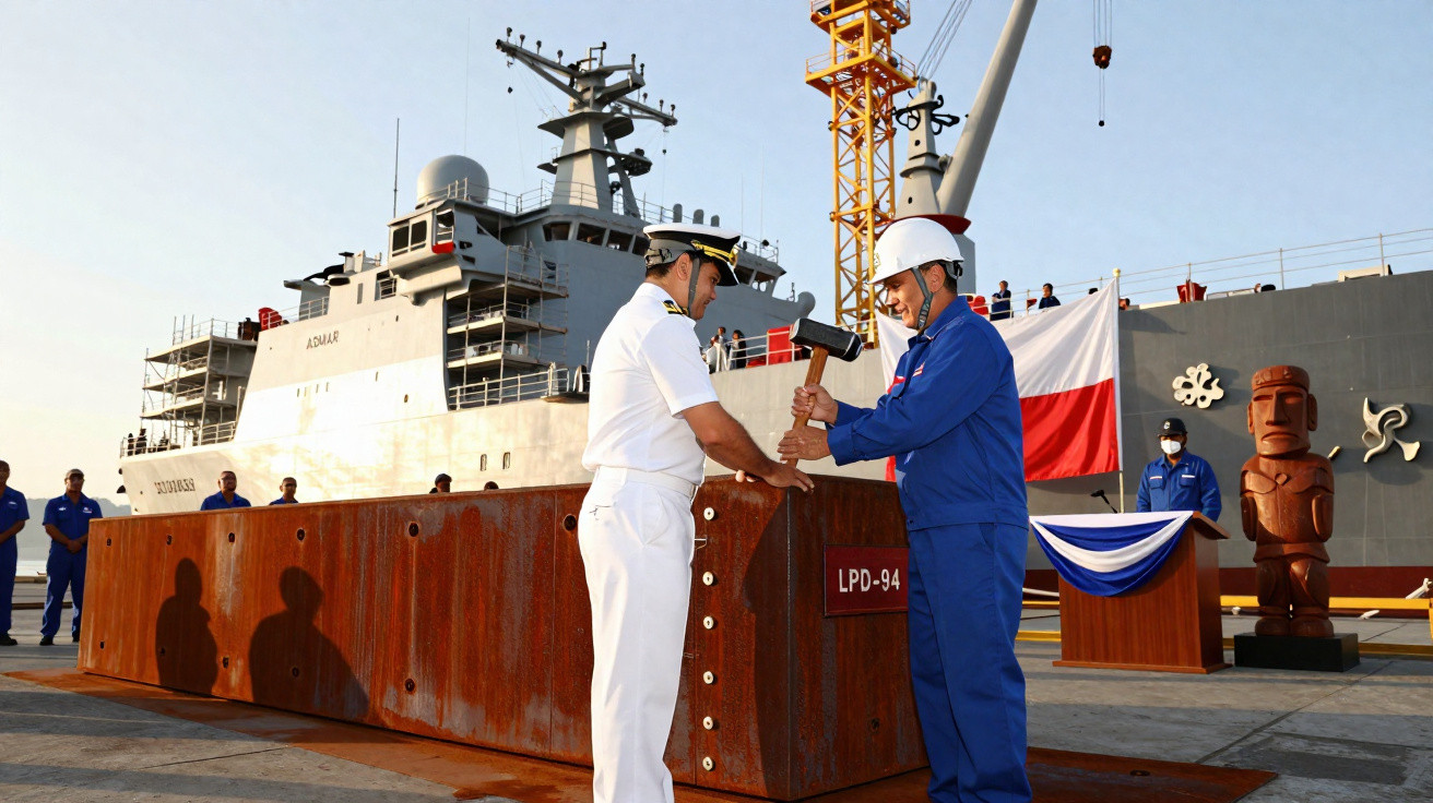 Cerimónia naval com homem em farda branca e outro em uniforme azul com capacetes junto a grande navio cinzento.
