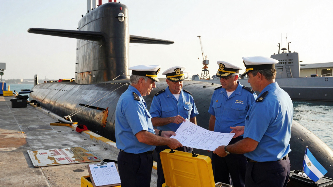 Quatro oficiais navais em uniforme azul analisam plantas junto a um submarino atracado no porto.