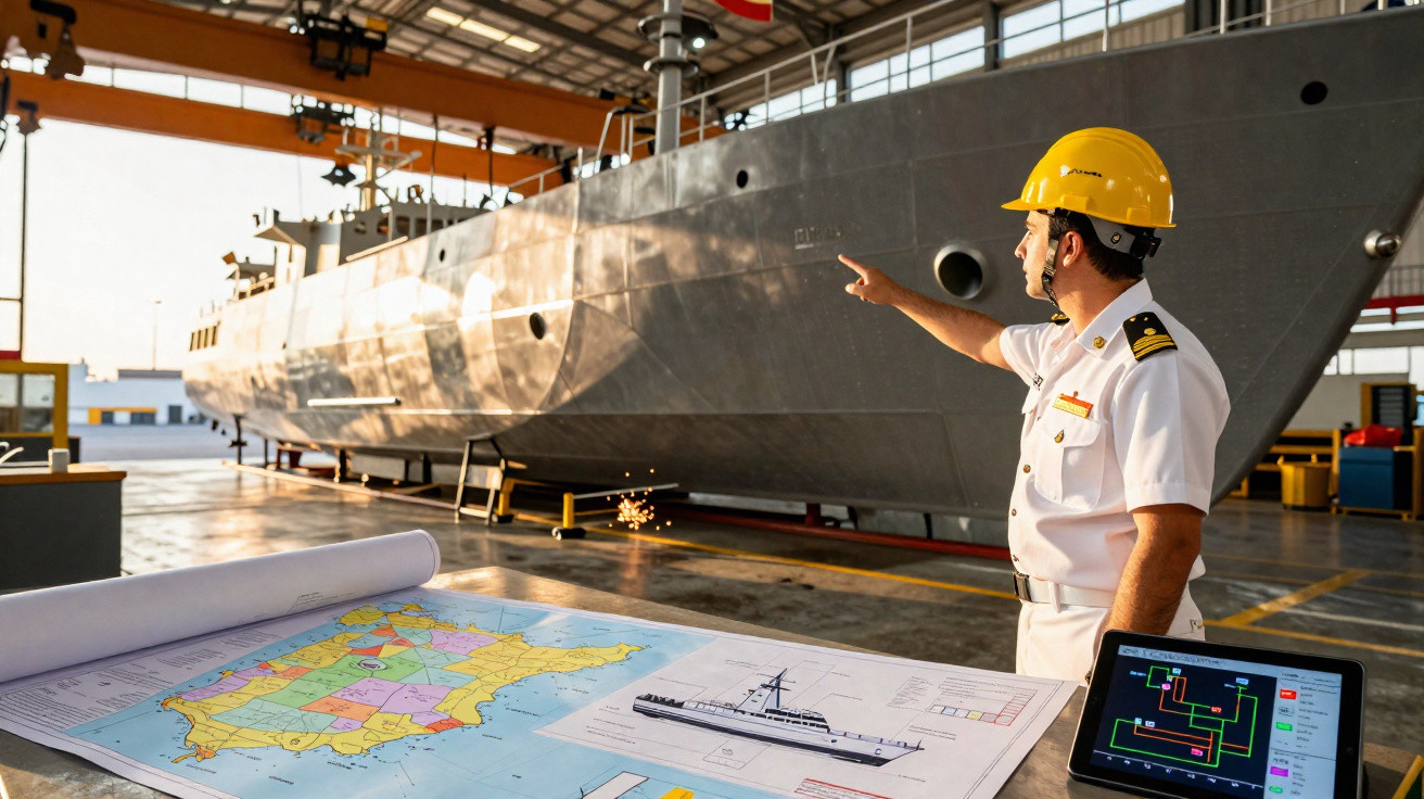 Engenheiro naval com capacete amarelo aponta para um grande veleiro em estaleiro com plantas náuticas na mesa.