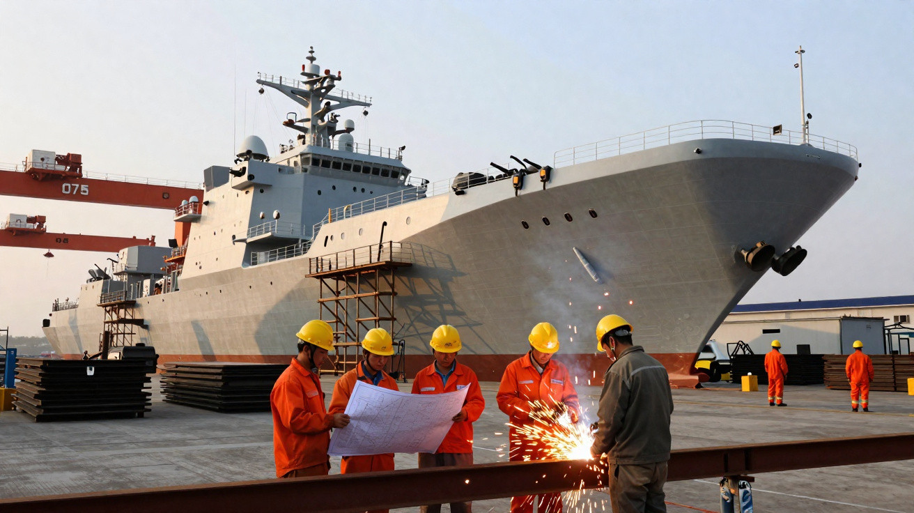 Trabalhadores com capacete e fato de proteção operam numa doca com um grande navio militar ao fundo.