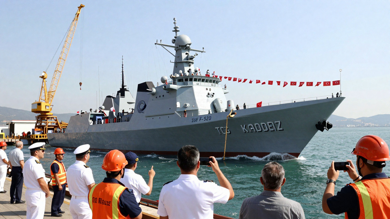 Homens observam e fotografam fragata naval cinzenta TCG Kadebez atracada junto a cais com grua.