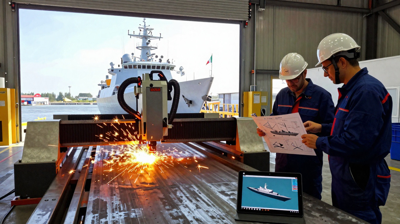Dois engenheiros com capacetes analisam projeto de navio perto de máquina a cortar metal numa oficina naval.