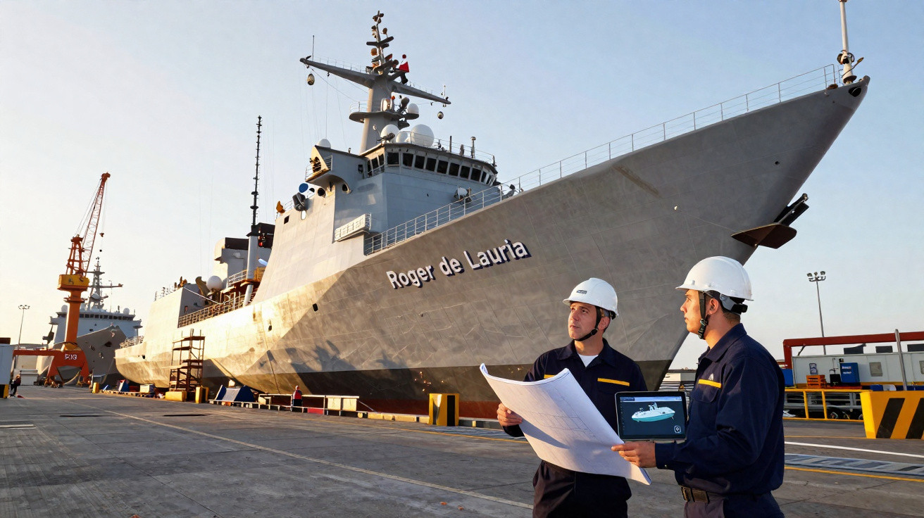 Dois trabalhadores com capacetes brancos consultam planos junto ao navio militar Roger de Lauria atracado no porto.