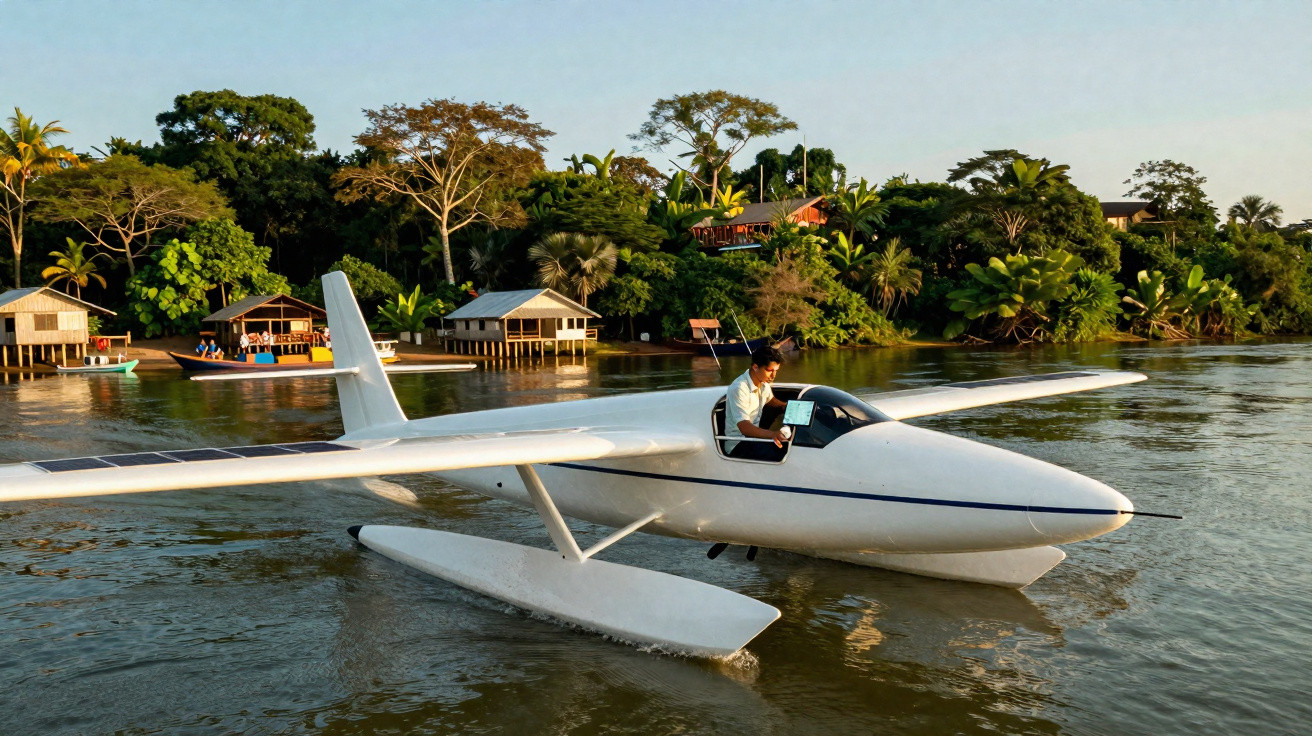 Avião anfíbio branco na água com homem no cockpit e cabanas e árvores ao fundo.