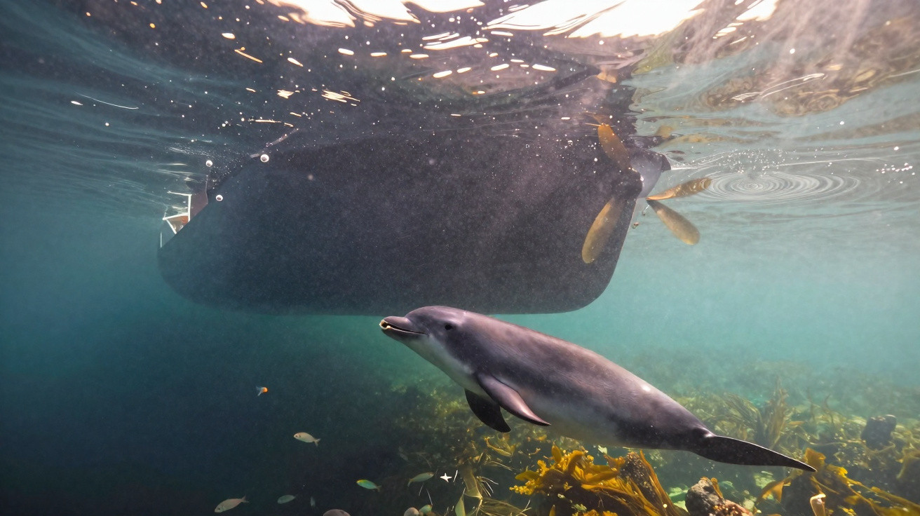 Golfinho a nadar próximo à hélice de um barco em águas claras com algas no fundo.