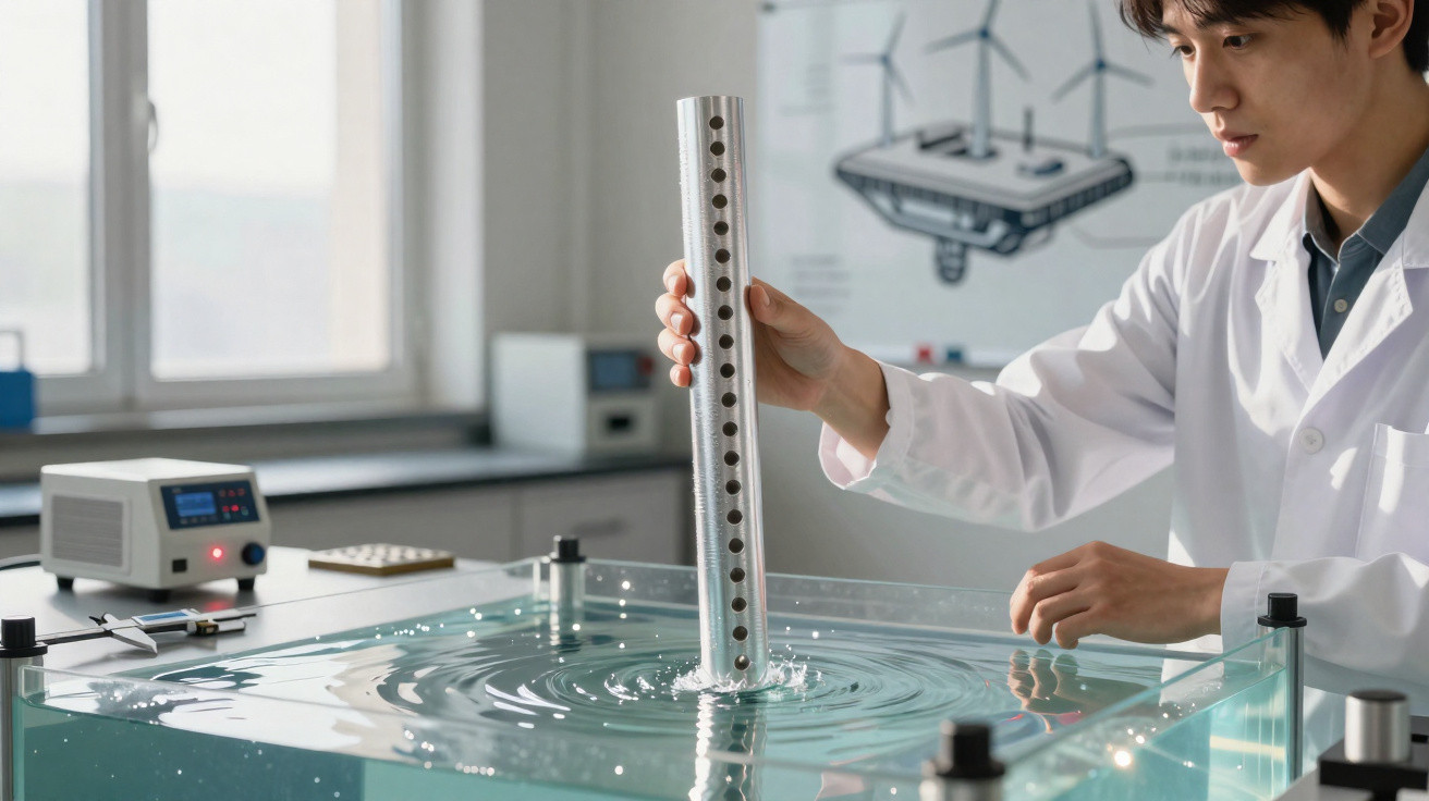 Cientista jovem em bata branca a realizar experimento com ondas numa mesa de água num laboratório.