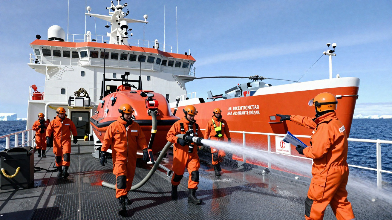 Tripulação em fatos de segurança laranja realizando treino de combate a incêndios numa embarcação no mar.
