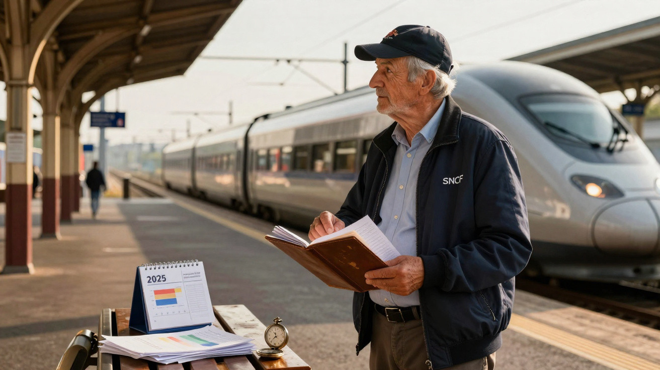 Homem sénior com boné e casaco SNCF consulta caderno numa estação junto a comboio de alta velocidade.