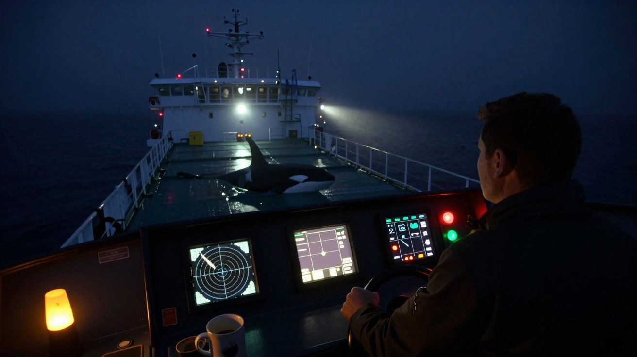 Homem controla navio à noite com orca sobre o convés iluminado por holofote.