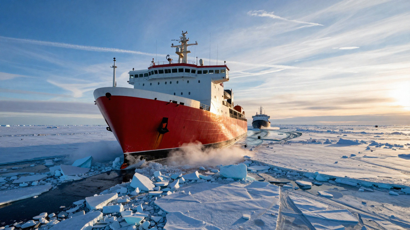 Navios quebra-gelos a avançar através do mar congelado com gelo partido ao amanhecer.