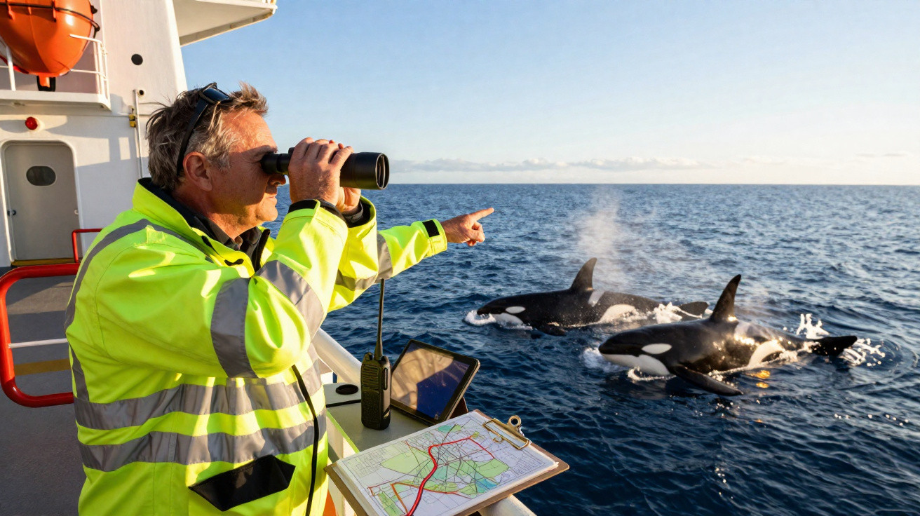 Homem de casaco refletor observa duas orcas no mar a partir da embarcação com binóculos e mapa.