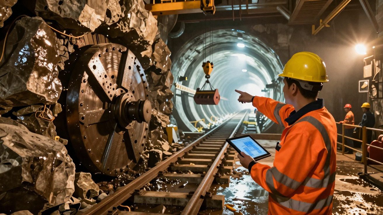 Trabalhador com capacete e tablet inspeciona obra de túnel ferroviário com grande máquina de escavação.
