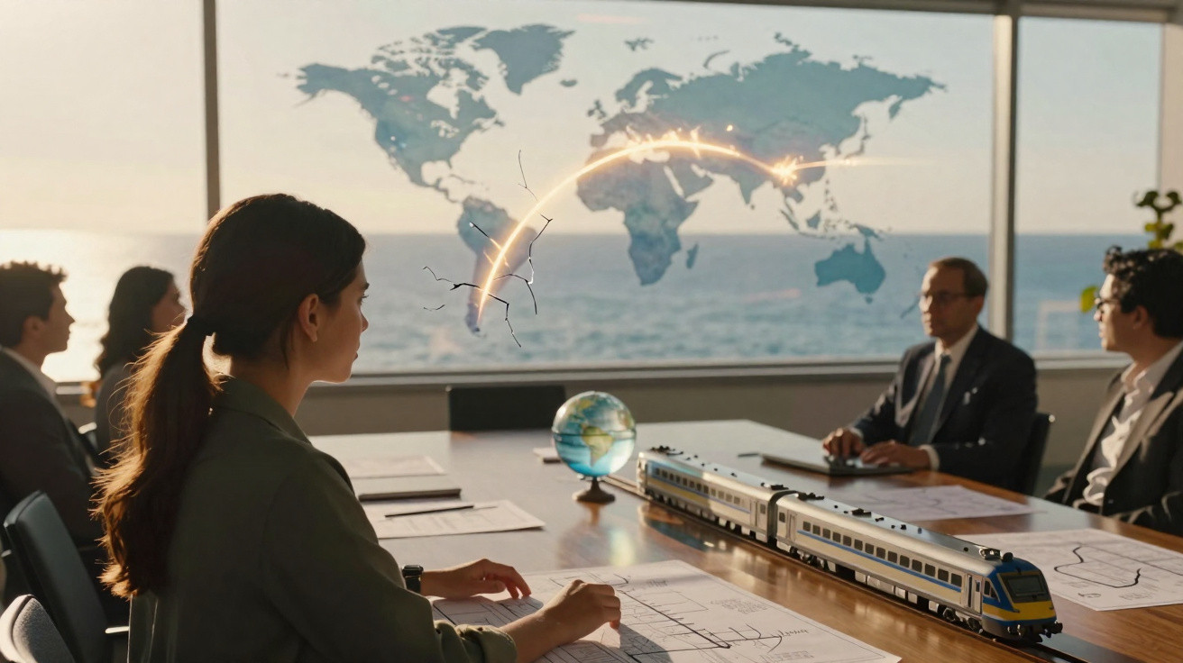 Reunião de negócios com cinco pessoas, mapa mundial, globo terrestre e modelo de comboio numa sala com vista para o mar.