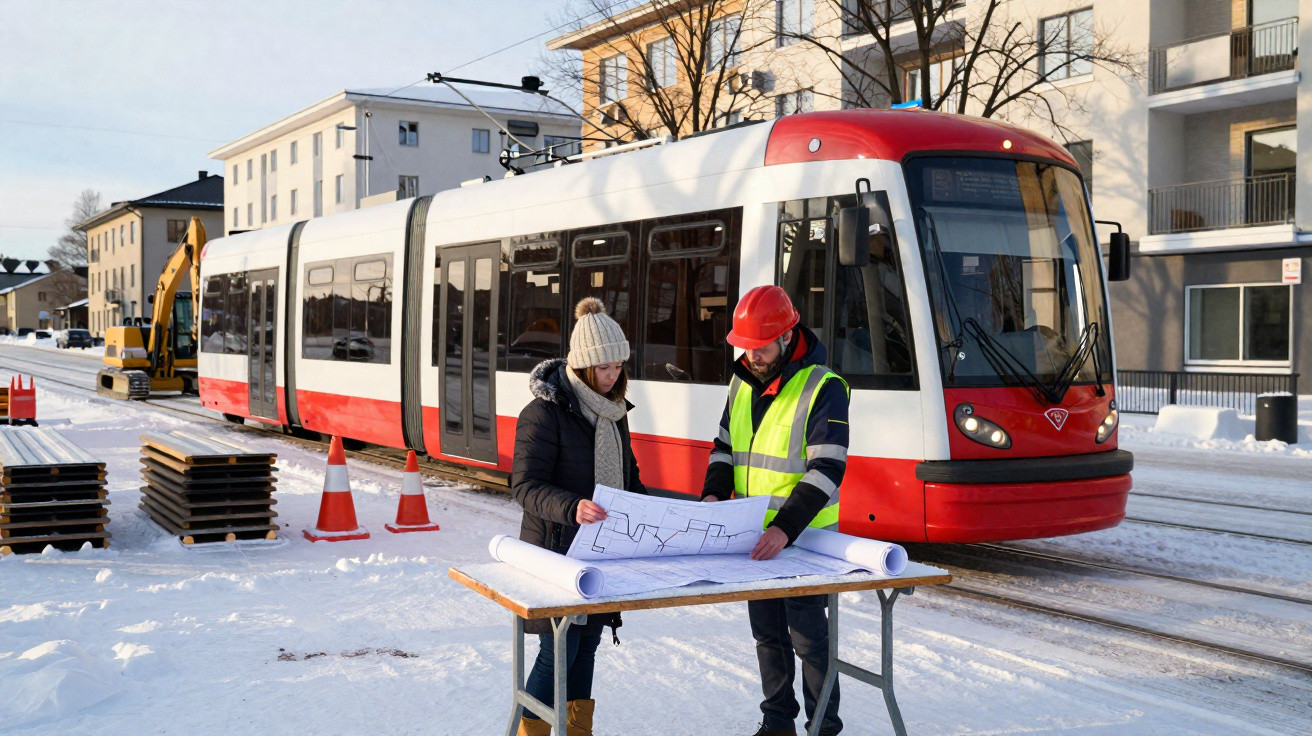 Dois trabalhadores analisam plantas numa mesa à frente de um elétrico vermelho e branco em zona com neve.