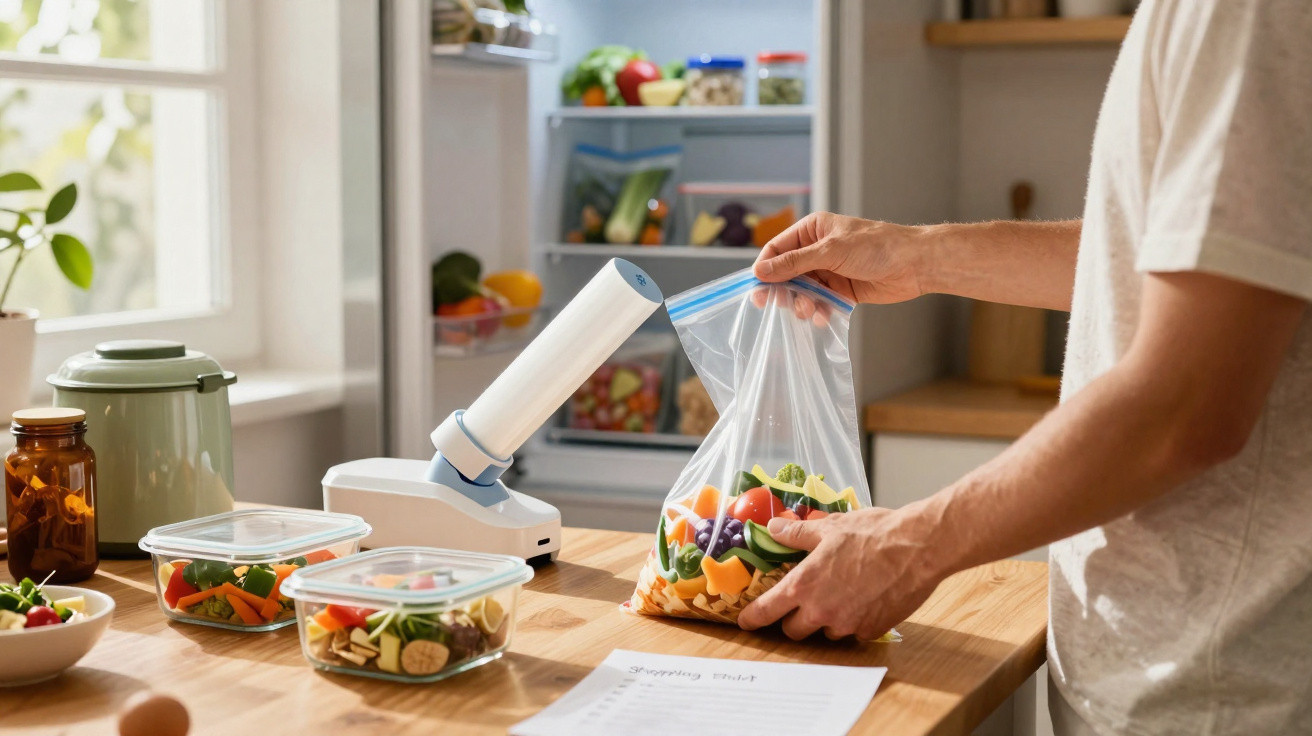 Pessoa a guardar legumes frescos num saco plástico utilizando uma seladora a vácuo numa cozinha.