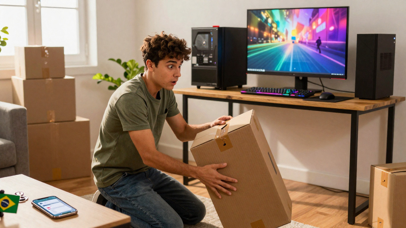 Jovem a segurar uma caixa de cartão no chão, rodeado de caixas, perto de um computador em secretária.