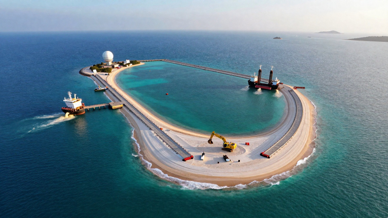Ilha artificial em forma de U com máquinas de construção e barcos no mar calmo.