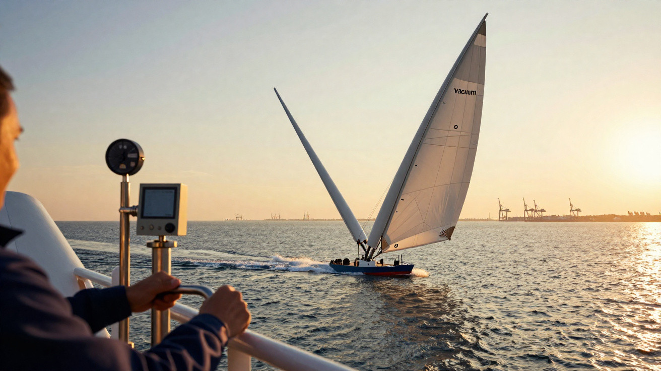 Homem a observar barco à vela a navegar no mar ao pôr do sol, com gruas no horizonte.