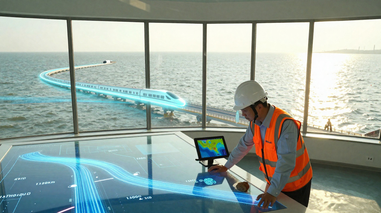 Engenheiro com capacete e colete laranja analisa holograma de comboio futurista sobre a ponte no mar.