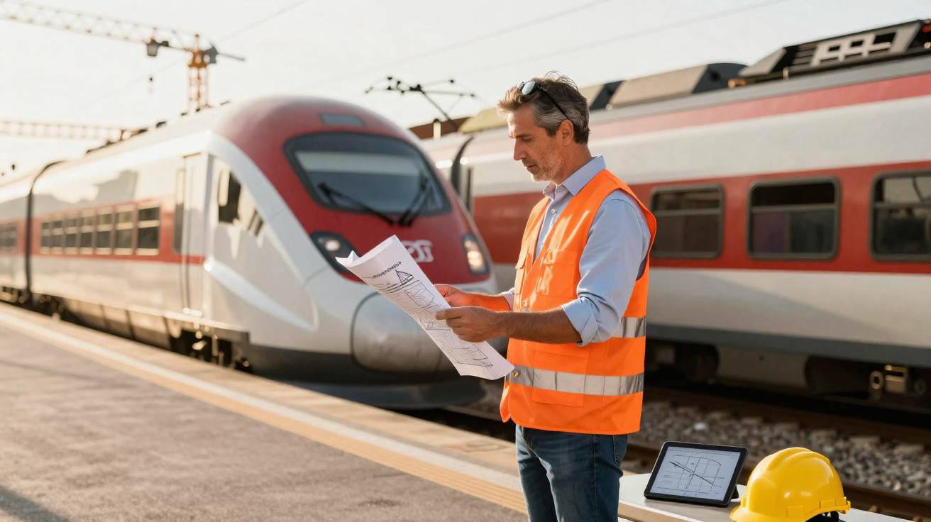 Homem com colete refletor lê desenhos técnicos numa estação ferroviária com comboios ao fundo.