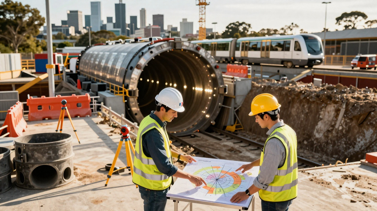 Dois engenheiros com coletes e capacetes analisam plantas num estaleiro de construção com túnel e comboio ao fundo.