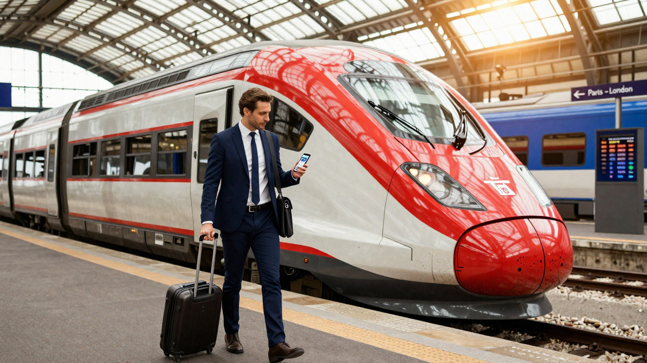 Homem de fato com mala roda e telemóvel numa plataforma de estação com comboio moderno vermelho e branco.