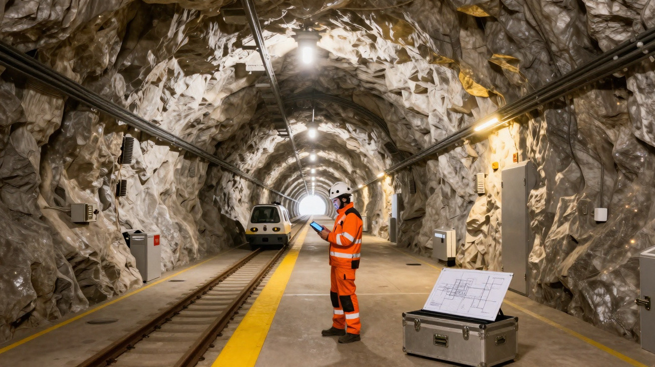 Trabalhador em equipamento de segurança no interior de túnel ferroviário em rocha com comboio e plantas técnicas.