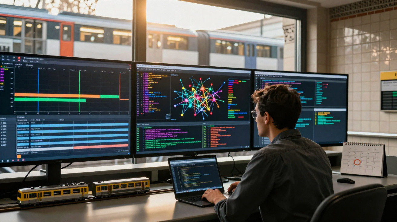 Pessoa a trabalhar com código e gráficos em múltiplos ecrãs, com comboio visível pela janela ao fundo.