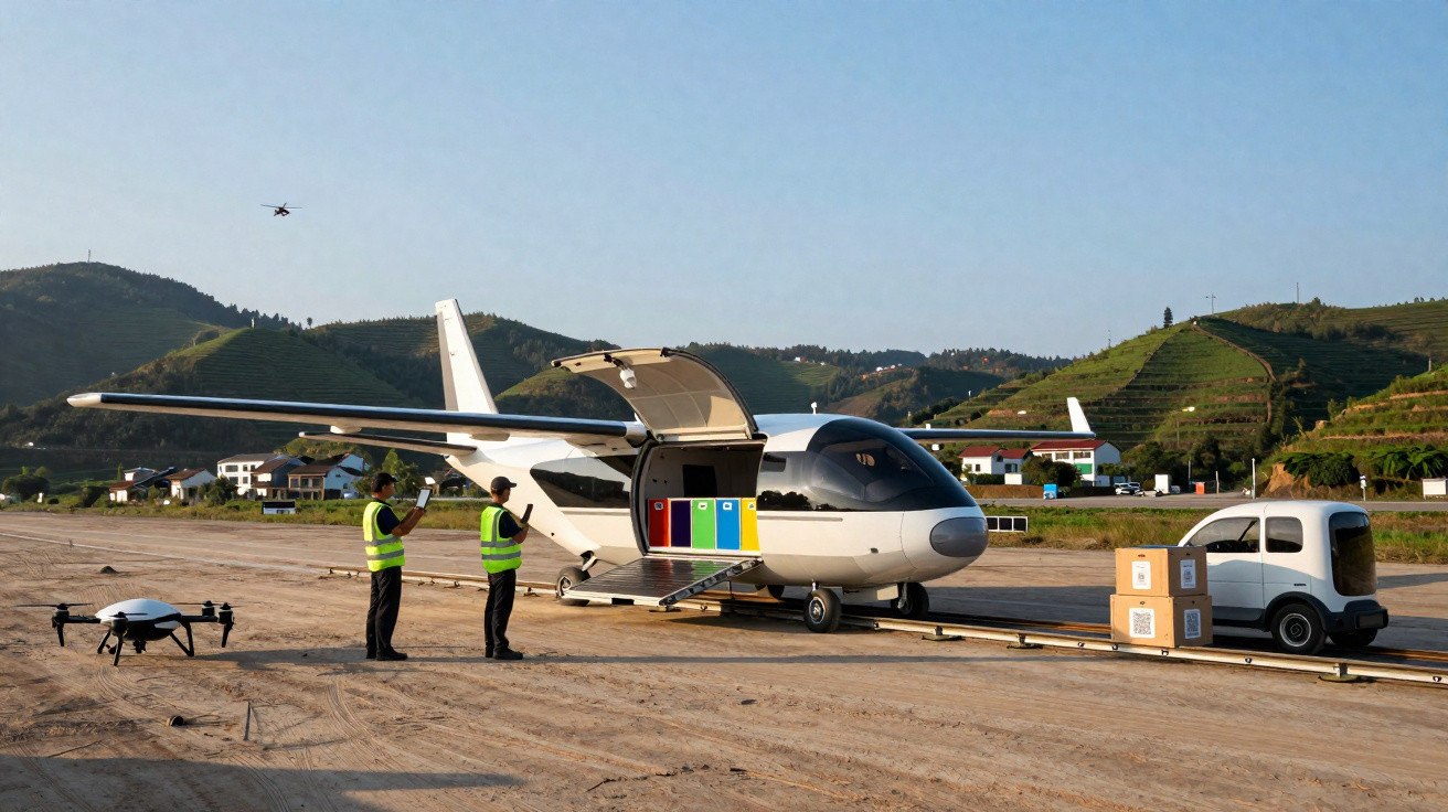Avião de carga autónomo a ser carregado por dois trabalhadores, com drone e carrinha elétrica em zona rural montanhosa.