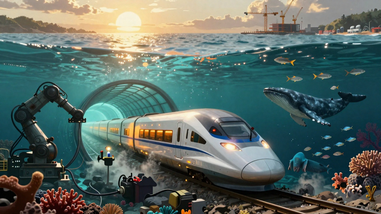 Comboio de alta velocidade a atravessar túnel submarino rodeado por vida marinha e equipamento robótico.