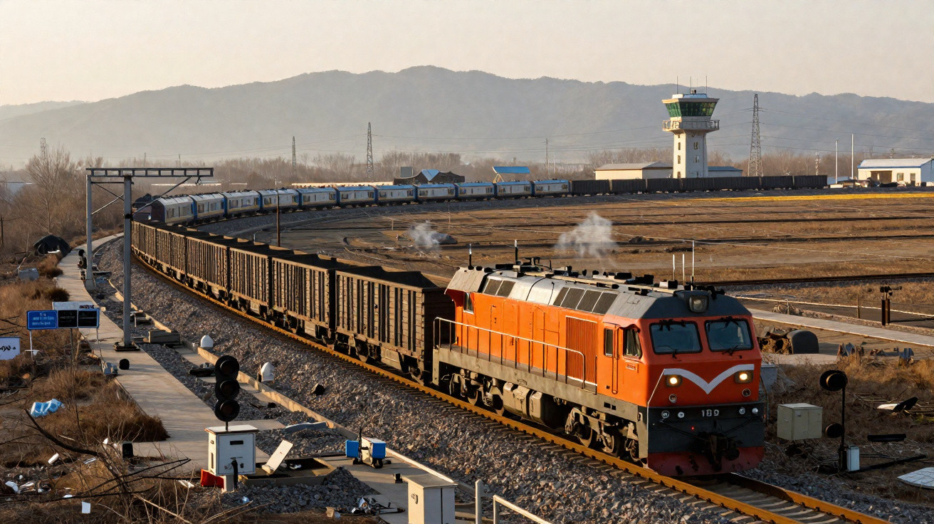 Comboio de mercadorias com locomotiva laranja a circular numa linha ferroviária curva junto a uma plataforma.
