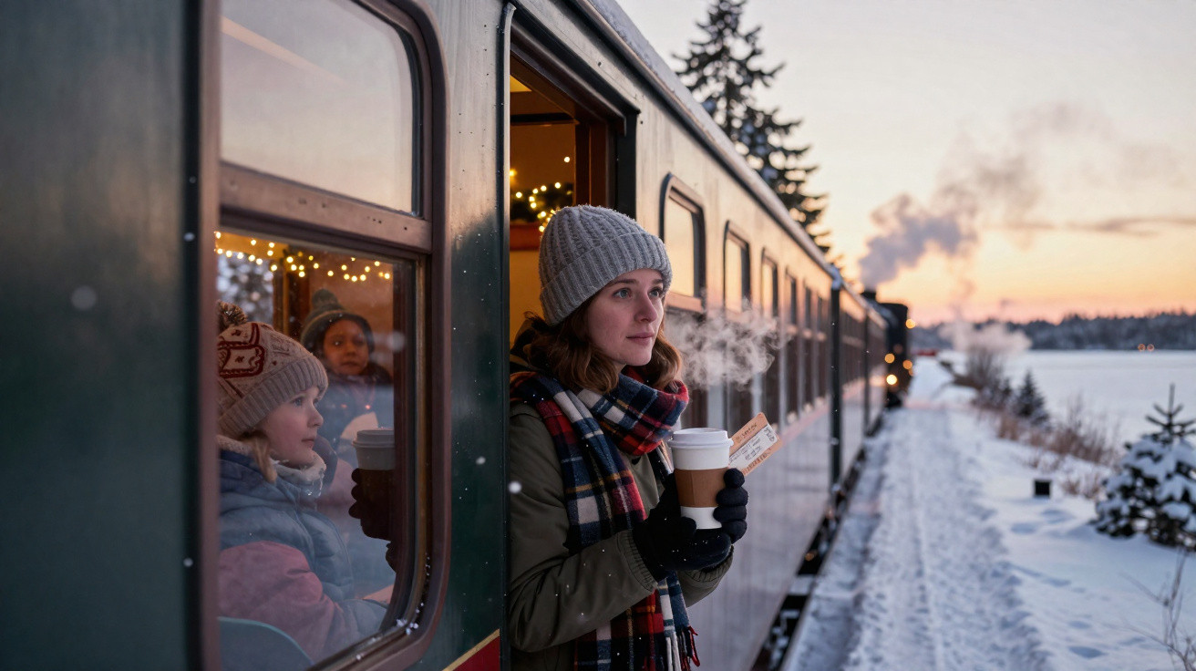 Mulher de gorro e cachecol segura café quente numa estação de comboio coberta de neve ao pôr do sol.