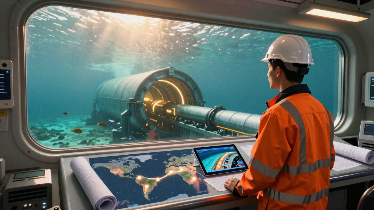 Engenheiro a observar um túnel submarino através de uma janela, com mapas e planos na mesa.