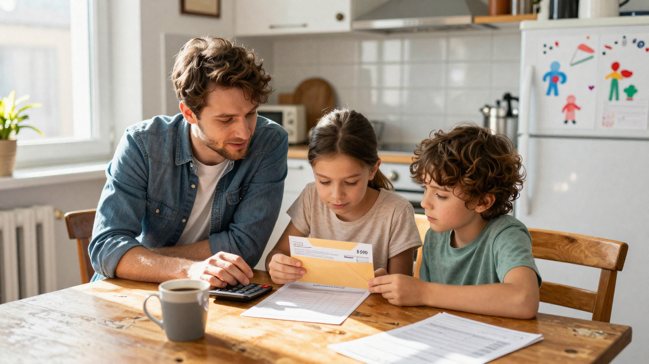 Pai com dois filhos sentados à mesa da cozinha a analisar contas e a calcular despesas.