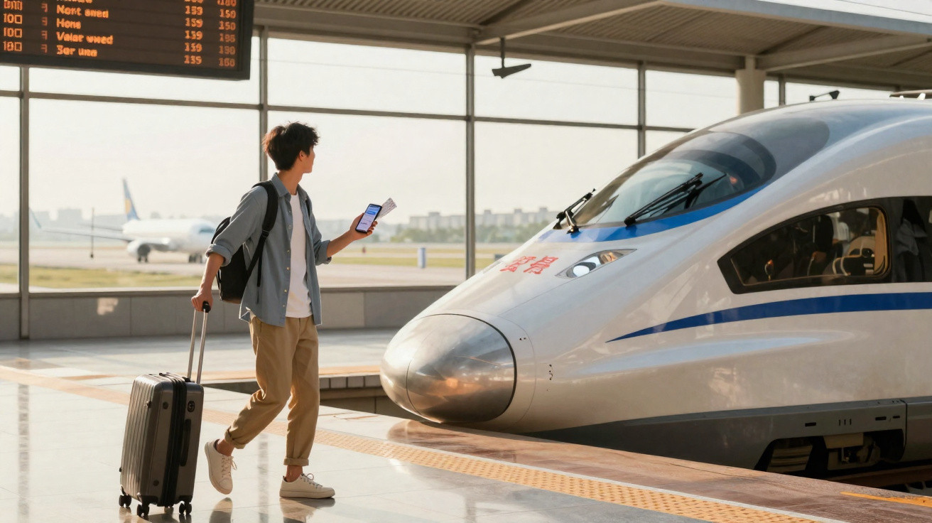 Homem com mala e bilhete na mão observa comboio de alta velocidade numa estação moderna.