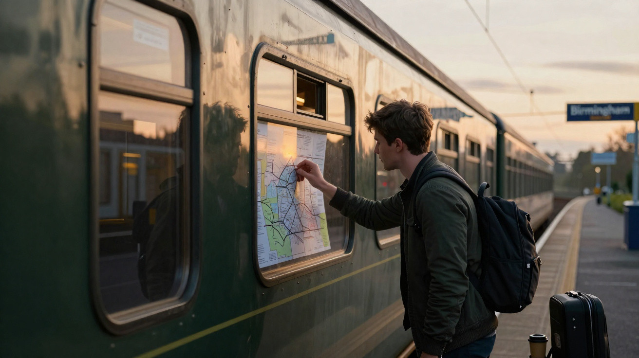 Jovem com mochila consulta mapa de transporte pendurado na janela de um comboio na estação ao pôr do sol.