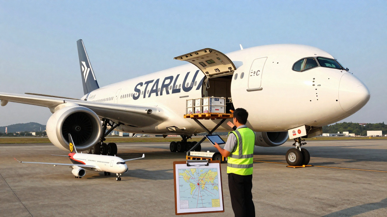 Funcionário em colete refletor a controlar carga num avião da StarLux no aeroporto, com um mapa e modelo de avião.